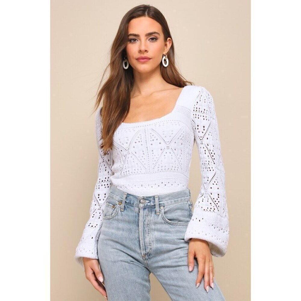 Lulus Adorably Styled Ivory Crochet Long Sleeve Sweater Top XS